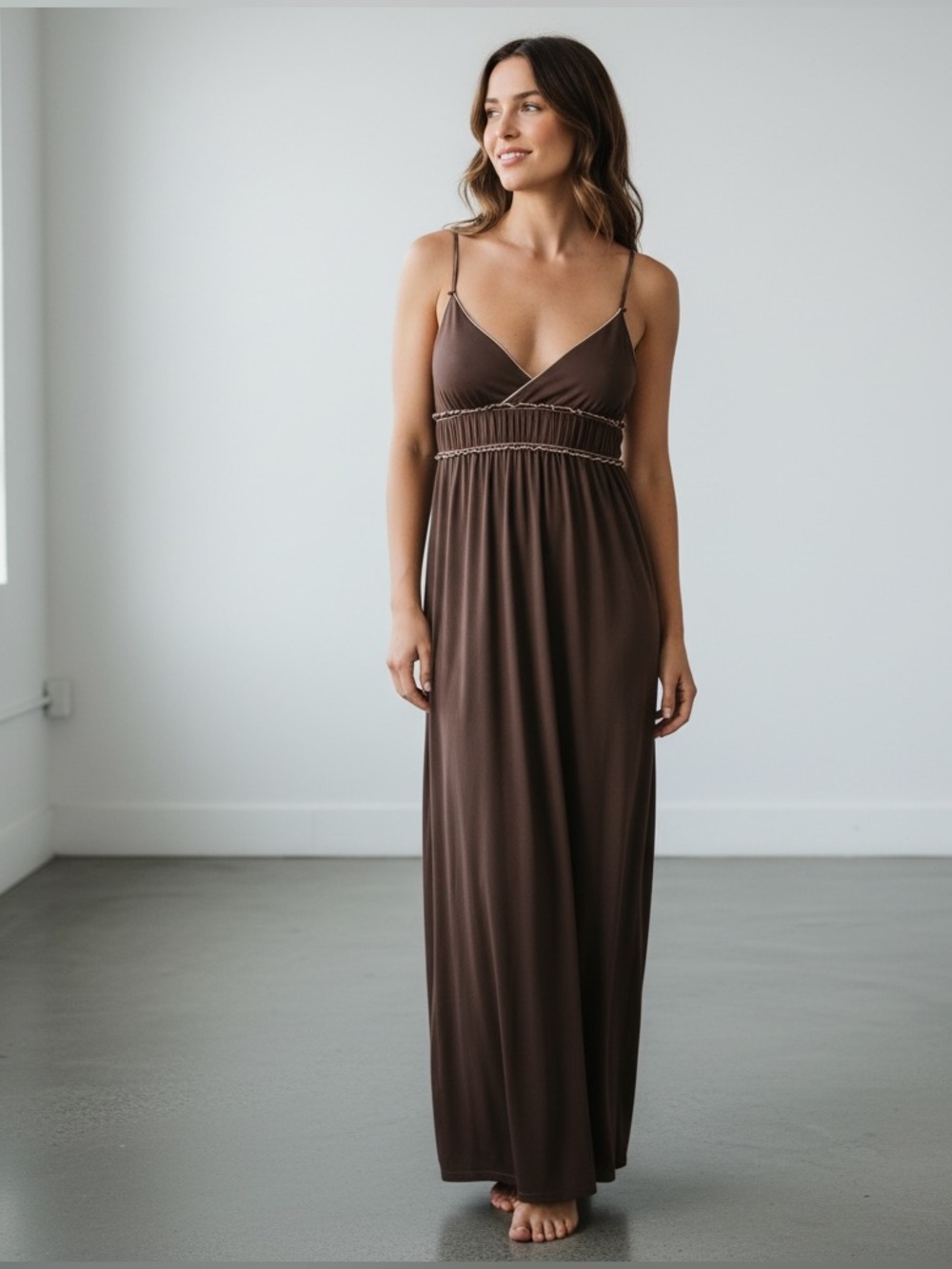 Max Studio Empire Waist Chocolate Brown Spaghetti-Strap Maxi Dress Sz S